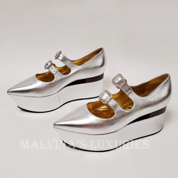 GUCCI SHOES SILVER LEATHER CUT OUT WEDGE PUMP CRYSTAL BUCKLES - Picture 8 of 13